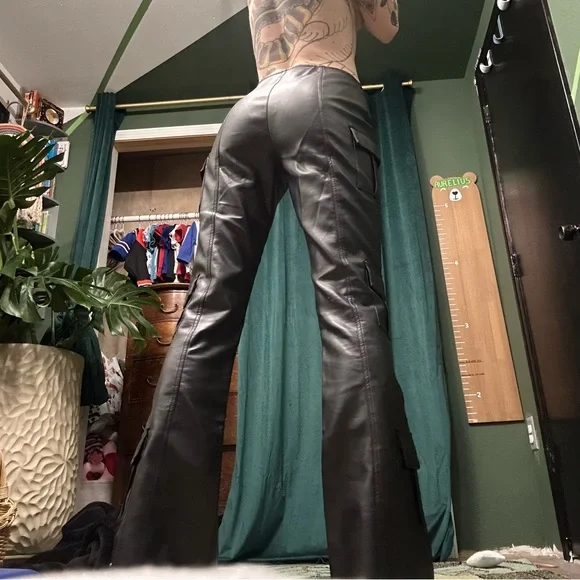 Club Exx Groundwork Cargo Flare Vegan Leather Lace-Up Low Rise Pants DollsKill - Picture 5 of 14
